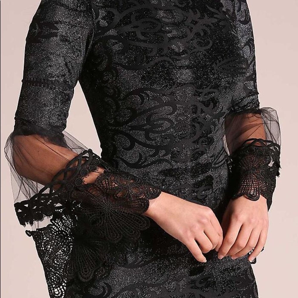 Black Embroidered Lace Tulle Sleeve Bodycon Dress - Picture 4 of 6